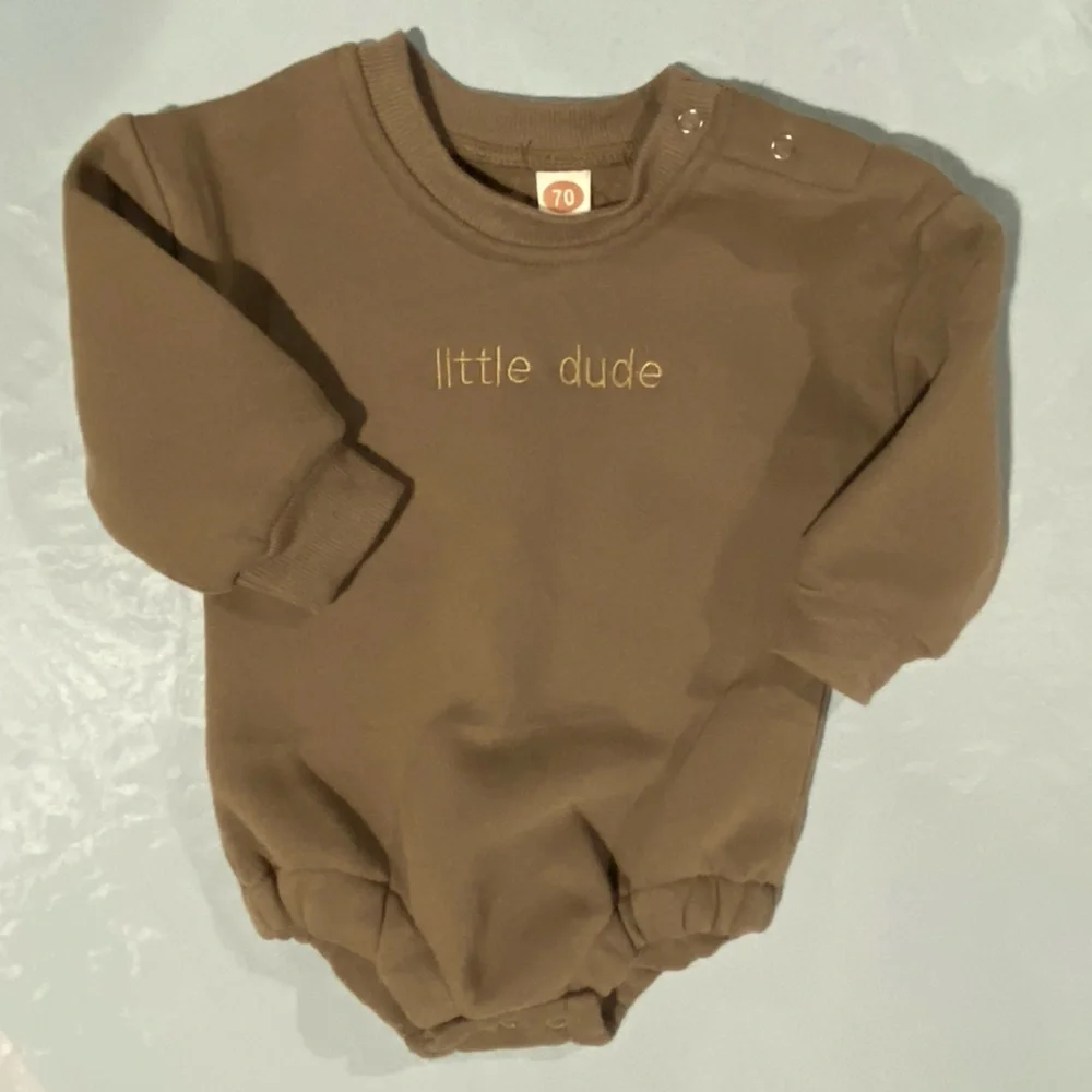 Brown Baby Onesie with 'Little Dude' Embroidery